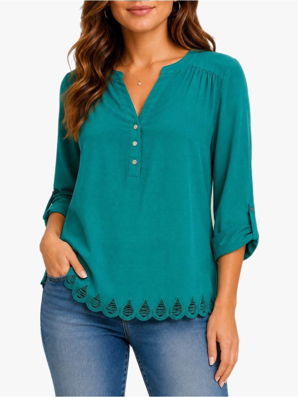 Market & Spruce Size Small Teal Scalloped Eyelet Hem 3/4 Sleeve Blouse Top
